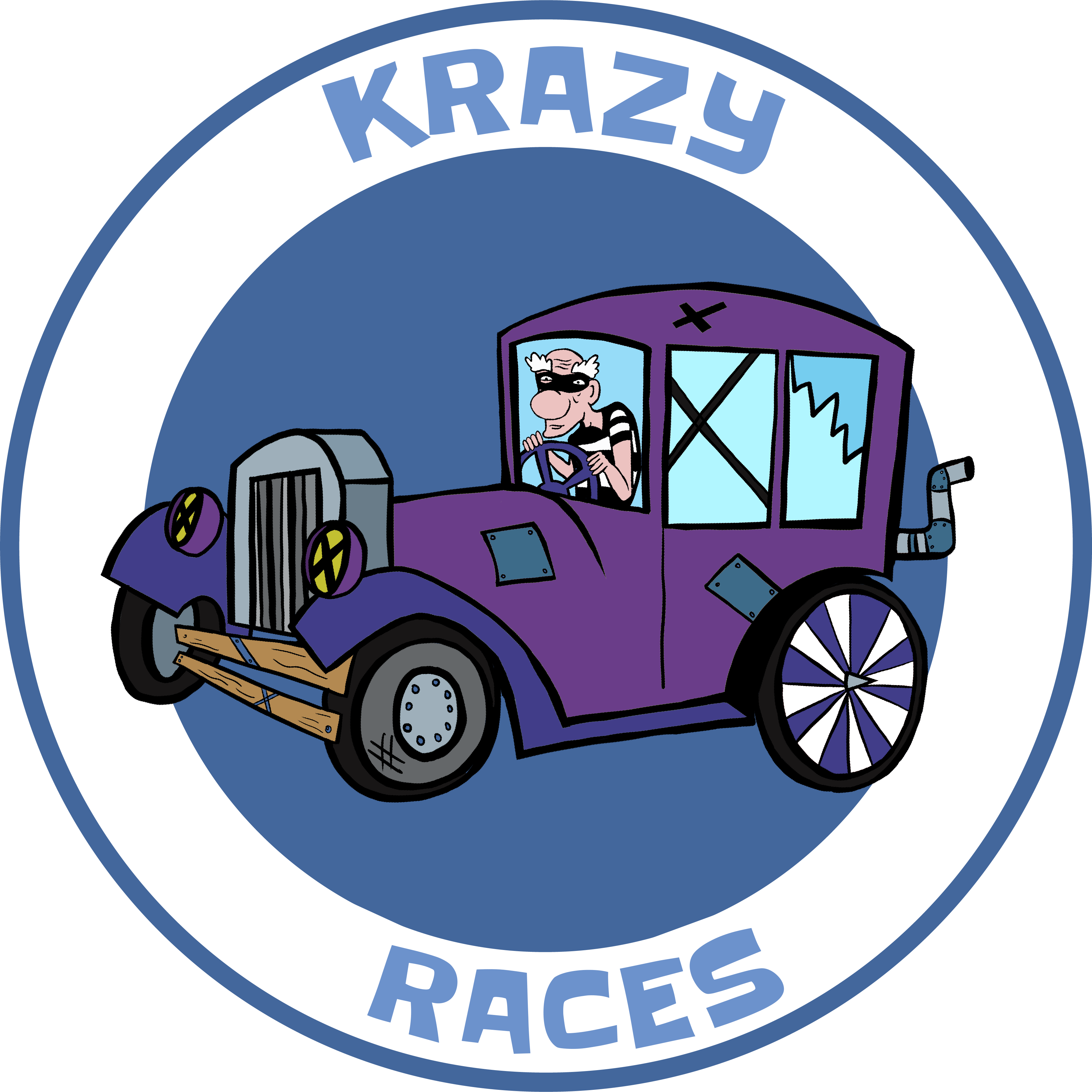 Cartoon-style logo featuring a whimsical purple car with cracked windows, oversized wheels, and a character in goggles and a striped outfit inside. The circular border reads 'KRAZY RACES' in blue text.