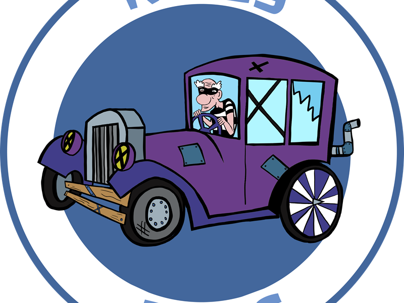 Cartoon-style logo featuring a whimsical purple car with cracked windows, oversized wheels, and a character in goggles and a striped outfit inside. The circular border reads 'KRAZY RACES' in blue text.