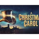 A night sky at dusk with the silhouette of Sheffield's town hall building. In the foreground, a black Victorian top hat floats, swirled with a golden sparkly light. Text reads: A CHRISTMAS CAROL