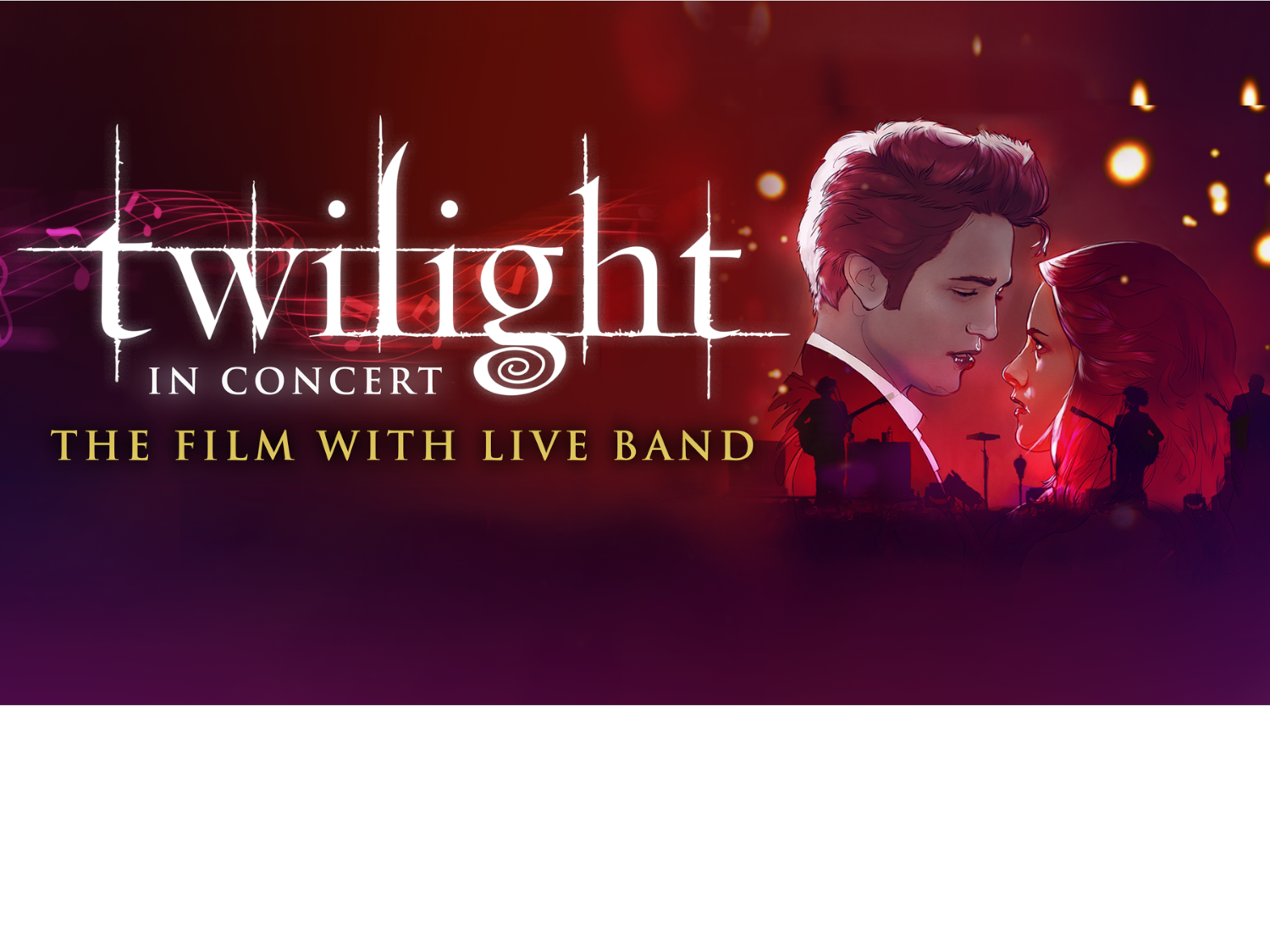 Promotional poster for Twilight in Concert. The design features the title “twilight” in large white letters with “In Concert” below and the tagline “The Film with Live Band” in gold text. The background shows a dramatic scene with silhouettes of musicians and instruments against a deep red and purple gradient, with glowing lights creating a concert atmosphere.