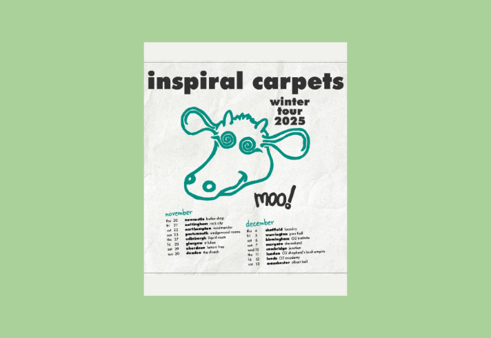 Tour poster for the Inspiral Carpets gig at the foundry, featuring their classic cow logo.
