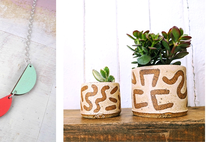 Images (L-R): Red Paper House, Scallop Bunting Wooden Necklace © Amy Hall; Rainbow Wares by Hannah Weber, Small and Medium Oat Succulent Planters © Hannah Weber; Karoline Rerrie, Tulips screen print © Karoline Rerrie