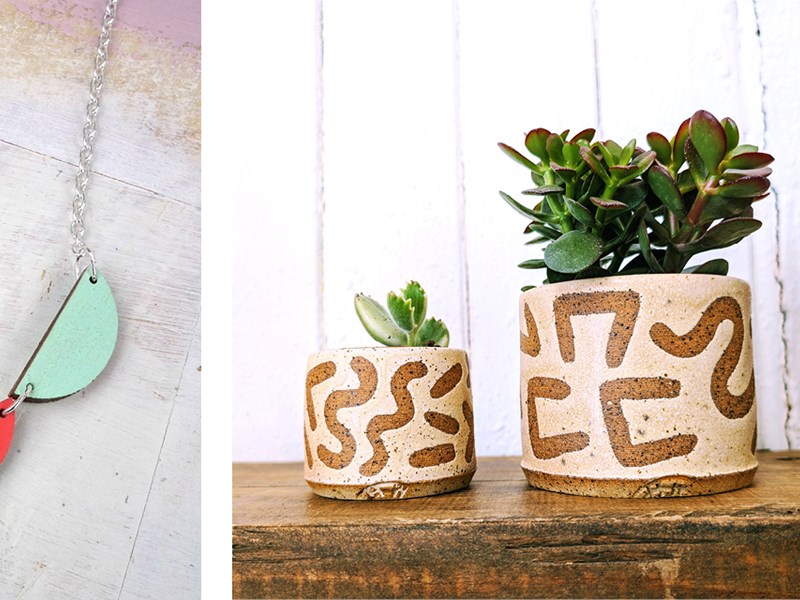 Images (L-R): Red Paper House, Scallop Bunting Wooden Necklace © Amy Hall; Rainbow Wares by Hannah Weber, Small and Medium Oat Succulent Planters © Hannah Weber; Karoline Rerrie, Tulips screen print © Karoline Rerrie