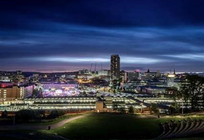 The Sheffield skyline at night.