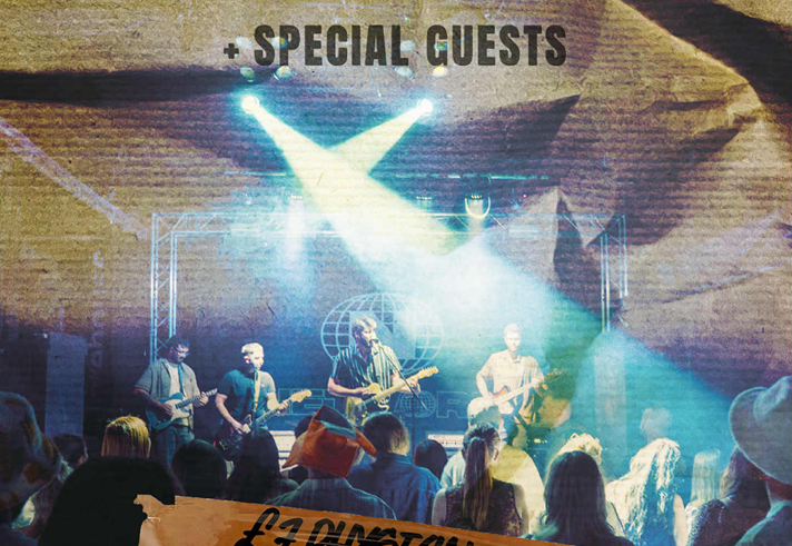 Concert poster for "The N.S.O" with special guests. The background shows a live band performing on stage under bright lights. Event details include the date "14/11/25" and location "Alder, Neepsend, Sheffield, S3 8BT." Ticket prices are listed as £7 for physical tickets and £7 plus booking fee online.