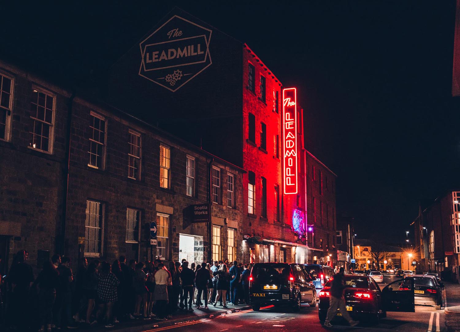 Exterior shot of the Leadmill at night.
