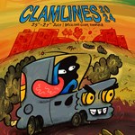 The poster for Clamlines 2024 with a cartoon of a clam driving a car, along with a list of all the bands playing.
