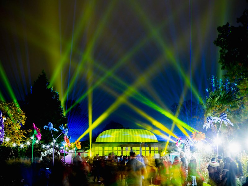 The Glass House and the Sheffield Botanical Gardens are lit up by a huge display of colourful lights.