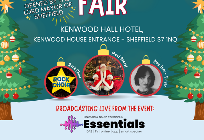 A festive poster promoting a Christmas Fair hosted by Dragonfly Cancer Trust at Kenwood Hall Hotel, Sheffield, on 1st November 2025 from 10:00 AM to 3:00 PM. The event features live music, raffle prizes, stalls, Santa’s grotto, and activities, and will be officially opened by the Lord Mayor of Sheffield. Performers include Rock Choir and Amy-Jayne Shaw, with a live broadcast by Essentials radio station. The poster has a dark green background with Christmas trees, ornaments, and yellow stars in the corners.