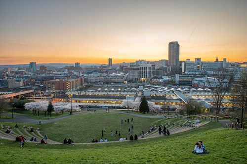 Sunset city view of Sheffield from South Street Park