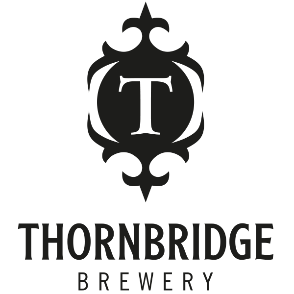 Black and white logo featuring an ornate shield-like design with a large letter ‘T’ in the center. Below the emblem, the words ‘THORNBRIDGE BREWERY’ are written in bold uppercase letters.