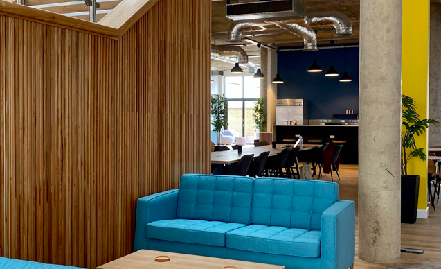 An interior shot of Cobo showing a wooden partition and a blue sofa and a low coffee table.