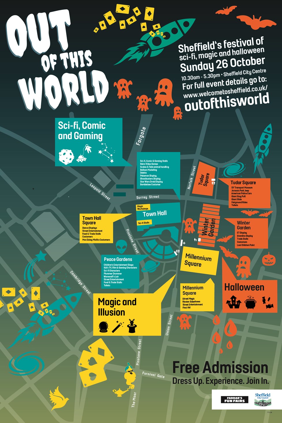 A map of the event layout for Out of this World 2025 showing the different areas of activity across Sheffield  city centre
