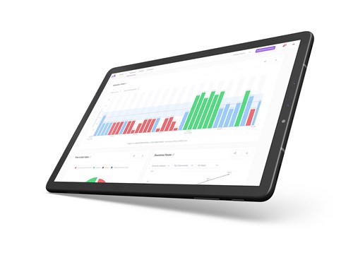 A black tablet displayed at an angle showing a data dashboard with colorful bar charts in blue, red, and green. The screen also includes smaller graphs and circular charts below the main chart. The background is plain white, highlighting the device and its content.