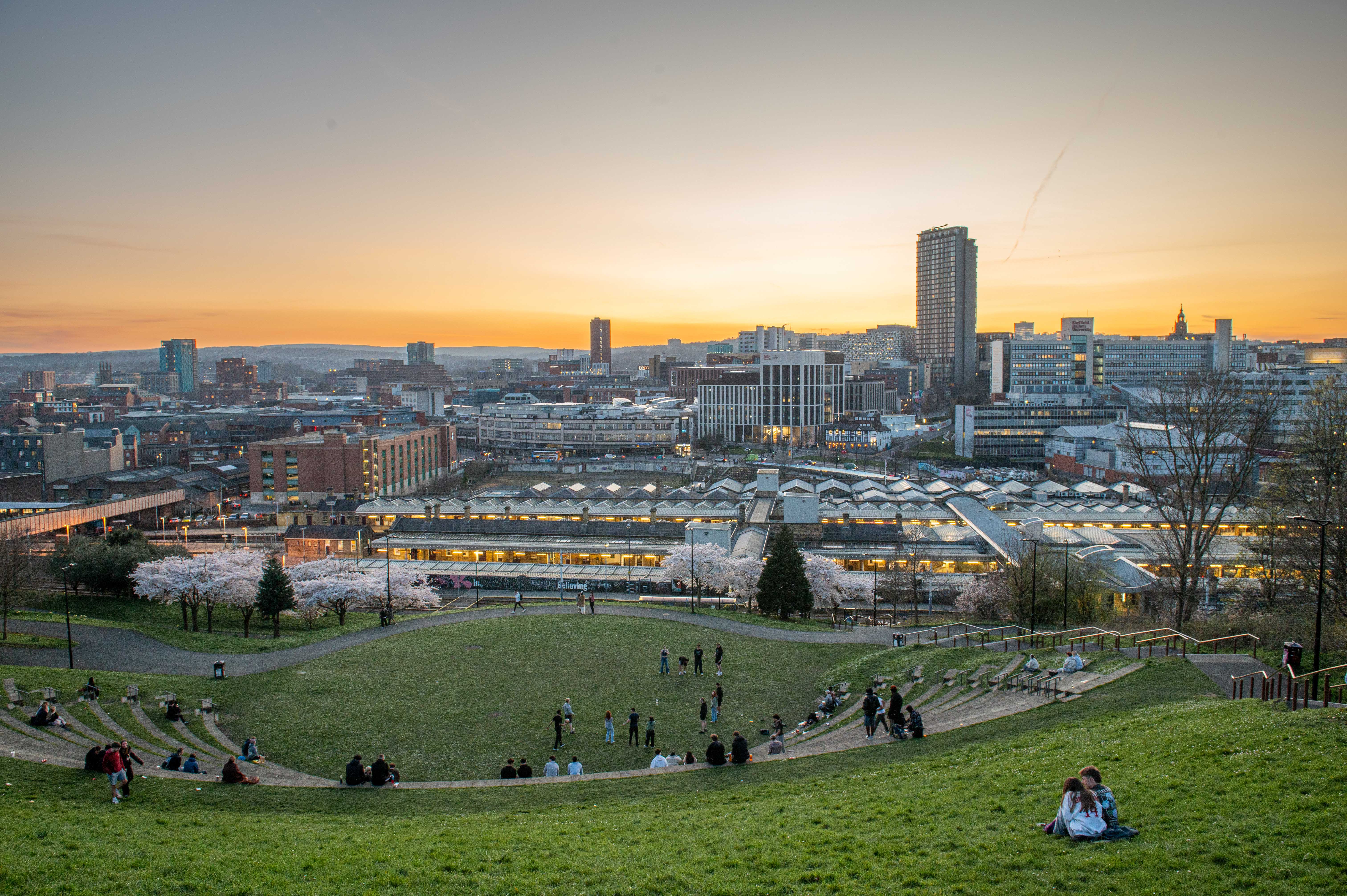 Sunset view of Sheffield viewed from South Street Park and amphitheatre 