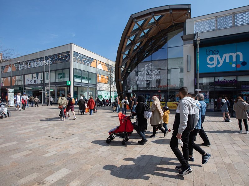 The exterior of The Moor Market on a sunny day.