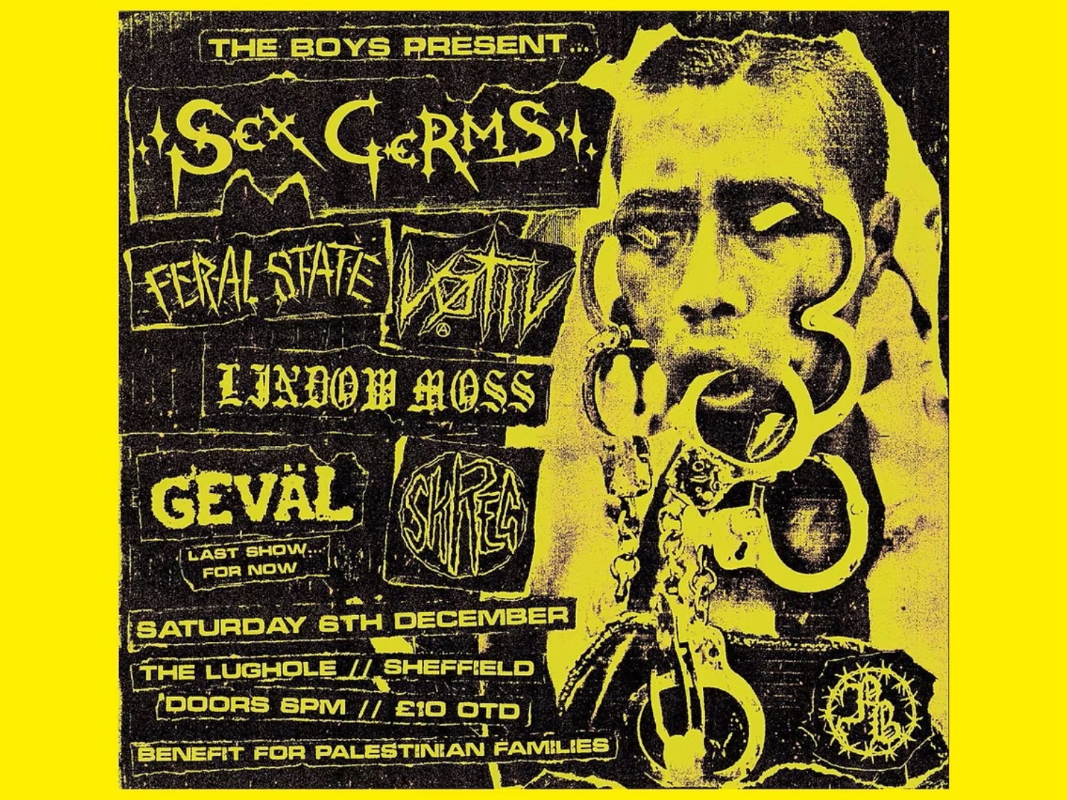 A yellow and black concert poster for a benefit event presented by "The Boys." The headline act is "SEX GERMS," with supporting bands "FERAL STATE," "VOTIV," "LINDOW MOSS," "GEVAL" (noted as their last show for now), and "SHREK." The event takes place on Saturday, 6th December at The Lughole in Sheffield, with doors opening at 8 PM and entry costing £10. The poster includes a background image of a person with facial piercings and chains. Proceeds benefit Palestinian families.