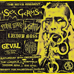 A yellow and black concert poster for a benefit event presented by "The Boys." The headline act is "SEX GERMS," with supporting bands "FERAL STATE," "VOTIV," "LINDOW MOSS," "GEVAL" (noted as their last show for now), and "SHREK." The event takes place on Saturday, 6th December at The Lughole in Sheffield, with doors opening at 8 PM and entry costing £10. The poster includes a background image of a person with facial piercings and chains. Proceeds benefit Palestinian families.