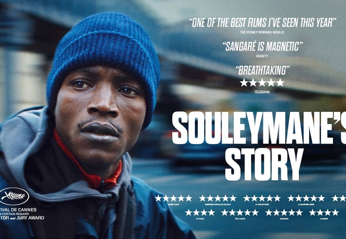 Movie poster for "Souleymane's Story" showing a close-up of a person in a blue beanie and jacket against a blurred urban backdrop. The poster features critical acclaim with quotes from The Sydney Morning Herald, Variety, and Télérama, star ratings, and mentions of Festival de Cannes awards for Best Actor and Jury Prize.