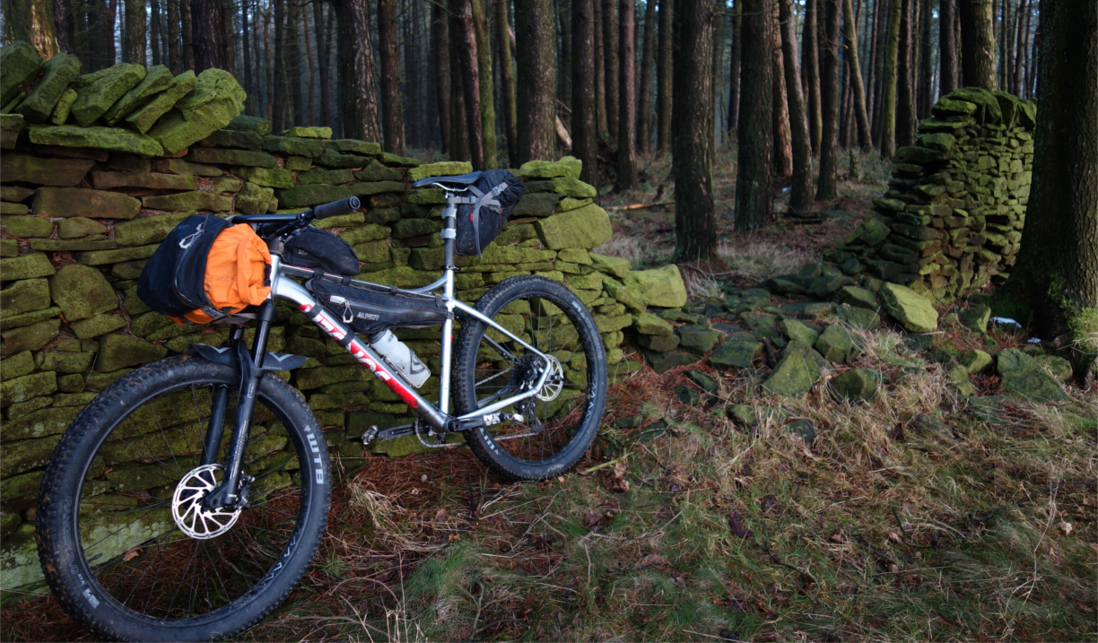 A bike leans up against an old, mossy wall in a wood.