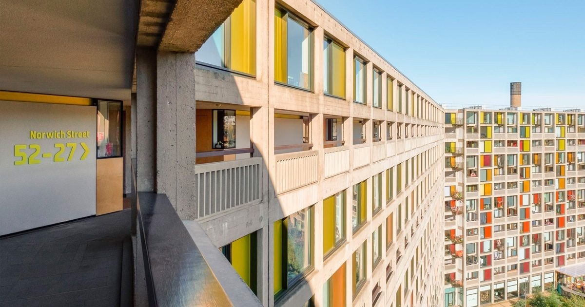 A view of the façade at Park Hill Flats taken from one of the walkways. 