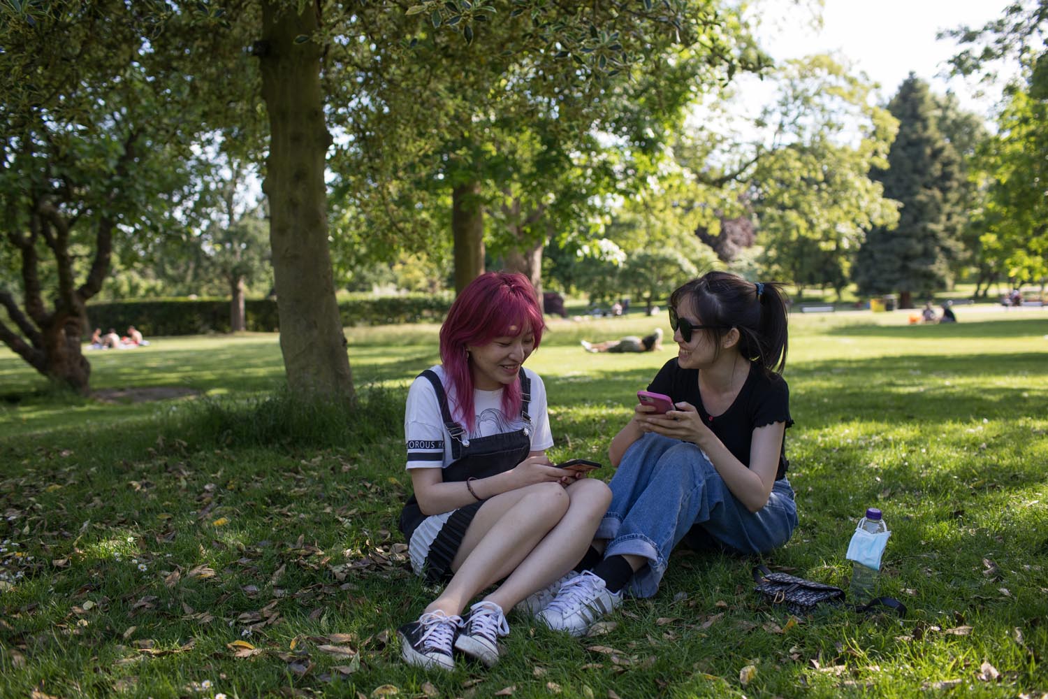 Two people sitting on the grass in a park under the shade of trees. They are surrounded by green foliage and scattered fallen leaves, with one person holding a smartphone. In the background, other people are relaxing on the grass, and the scene is bright and sunny with open green space and trees.