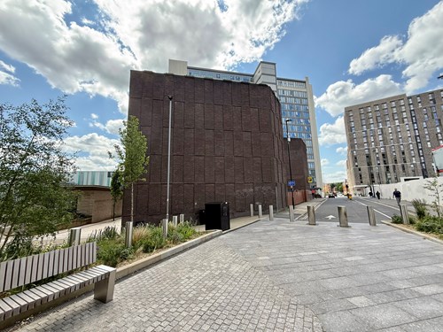 Looking towards the geometric brick work of the NCP building on Wellington Street in Sheffield