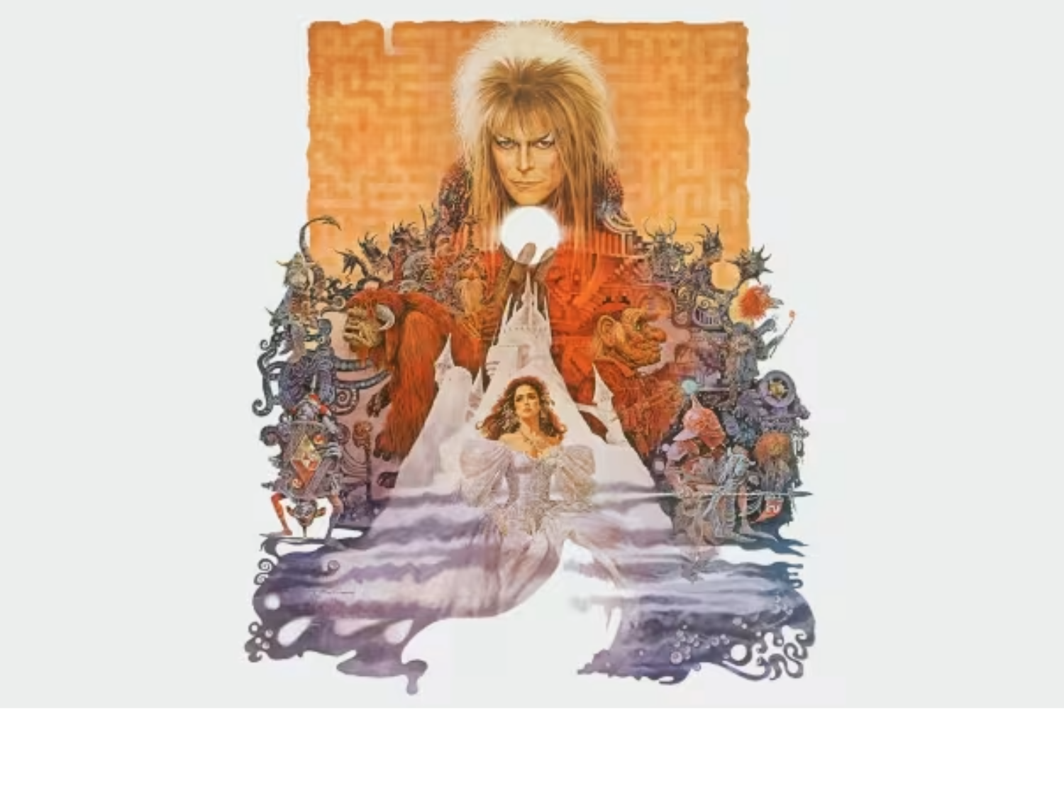Promo image with an illustration of David Bowie in character, and the other characters from the film. 