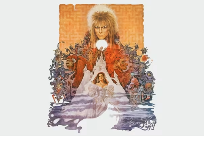 Promo image with an illustration of David Bowie in character, and the other characters from the film.
