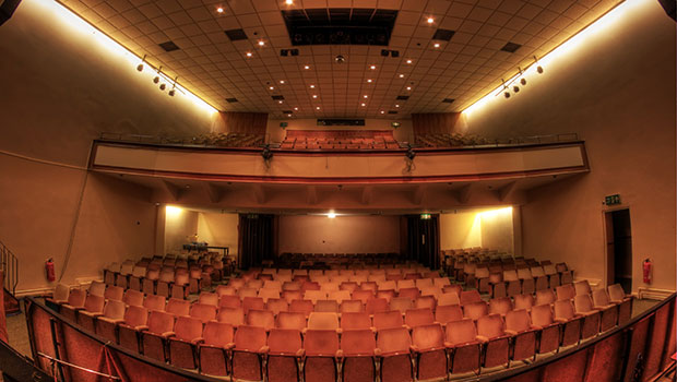 A view of the Montgomery theatre, from the back, looking across the seating, towards the stage.