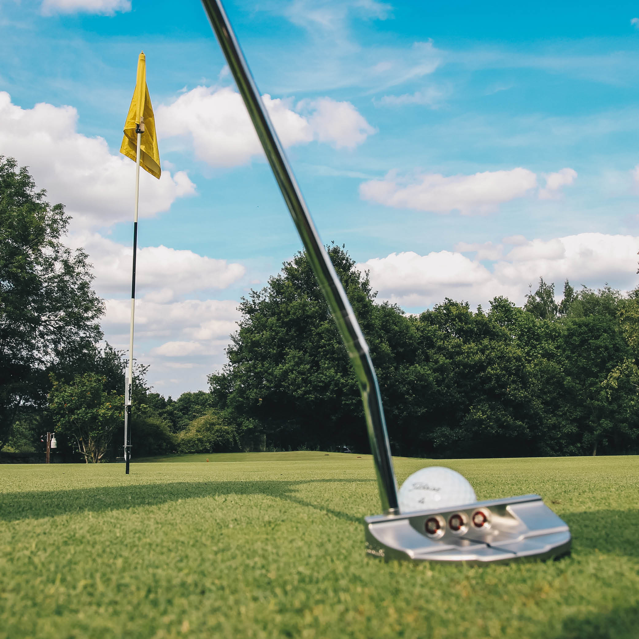 A close up of a putter about to hit a golf ball towards the hole on a green.
