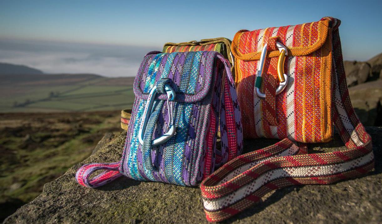 Two bags sat on a rock in the countryside.