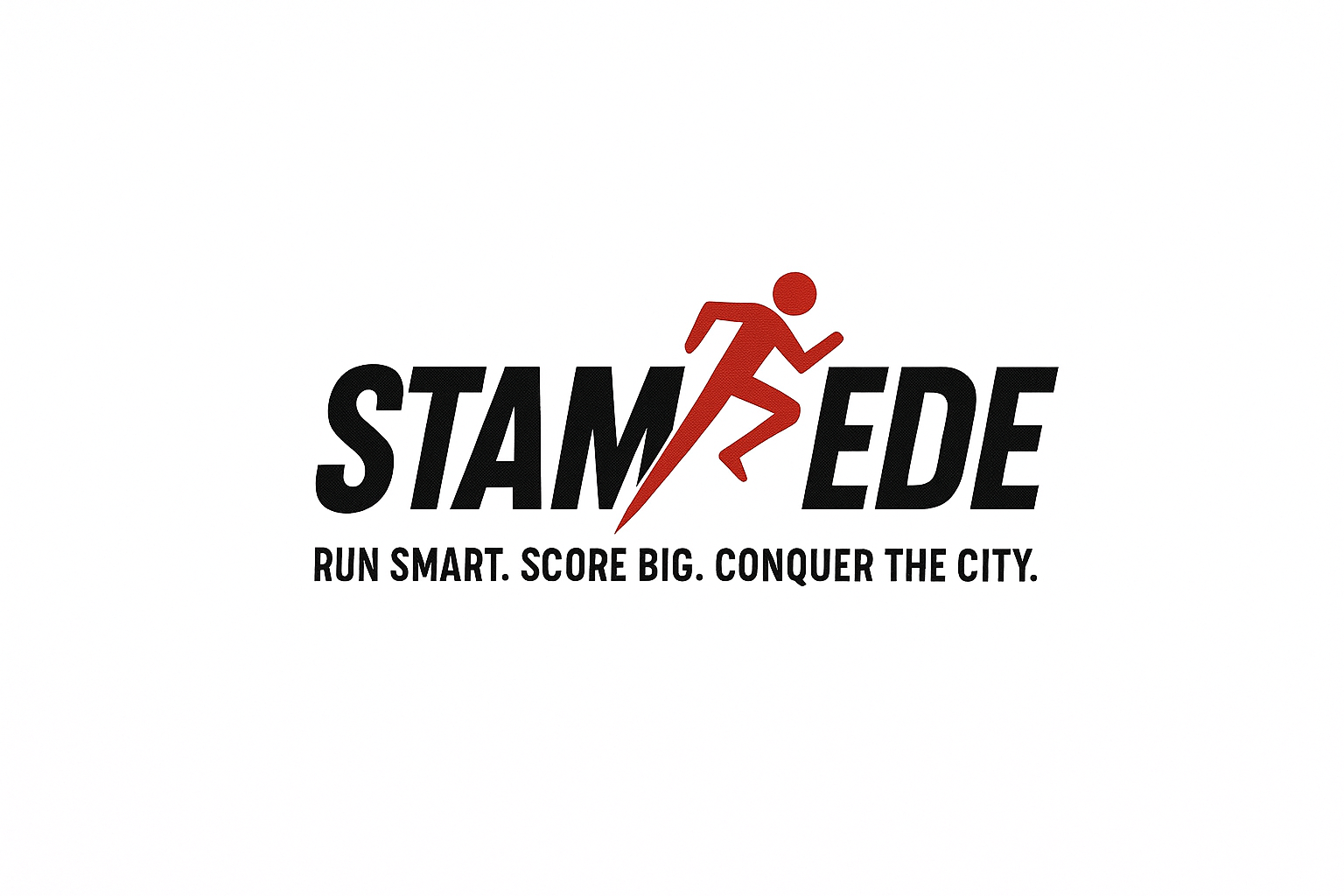 Logo for “Stampede” featuring a red running figure integrated into the word. Below the logo, the tagline reads: “Run Smart. Score Big. Conquer the City.” The design uses bold black text with the running figure in red for emphasis.