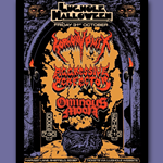 A Halloween-themed concert poster for "Lughole Halloween" on Friday, 31st October. It features horror-styled band names: "Horrified," "Aggressive Perfector," and "Ominous Mood." The design includes gothic visuals like an archway, flaming torches, and a cauldron. Event details note a 7:30 PM door time, £10 entry, and the venue at Harvest Lane, Sheffield, S3 8EF, with tickets available on the Lughole website.