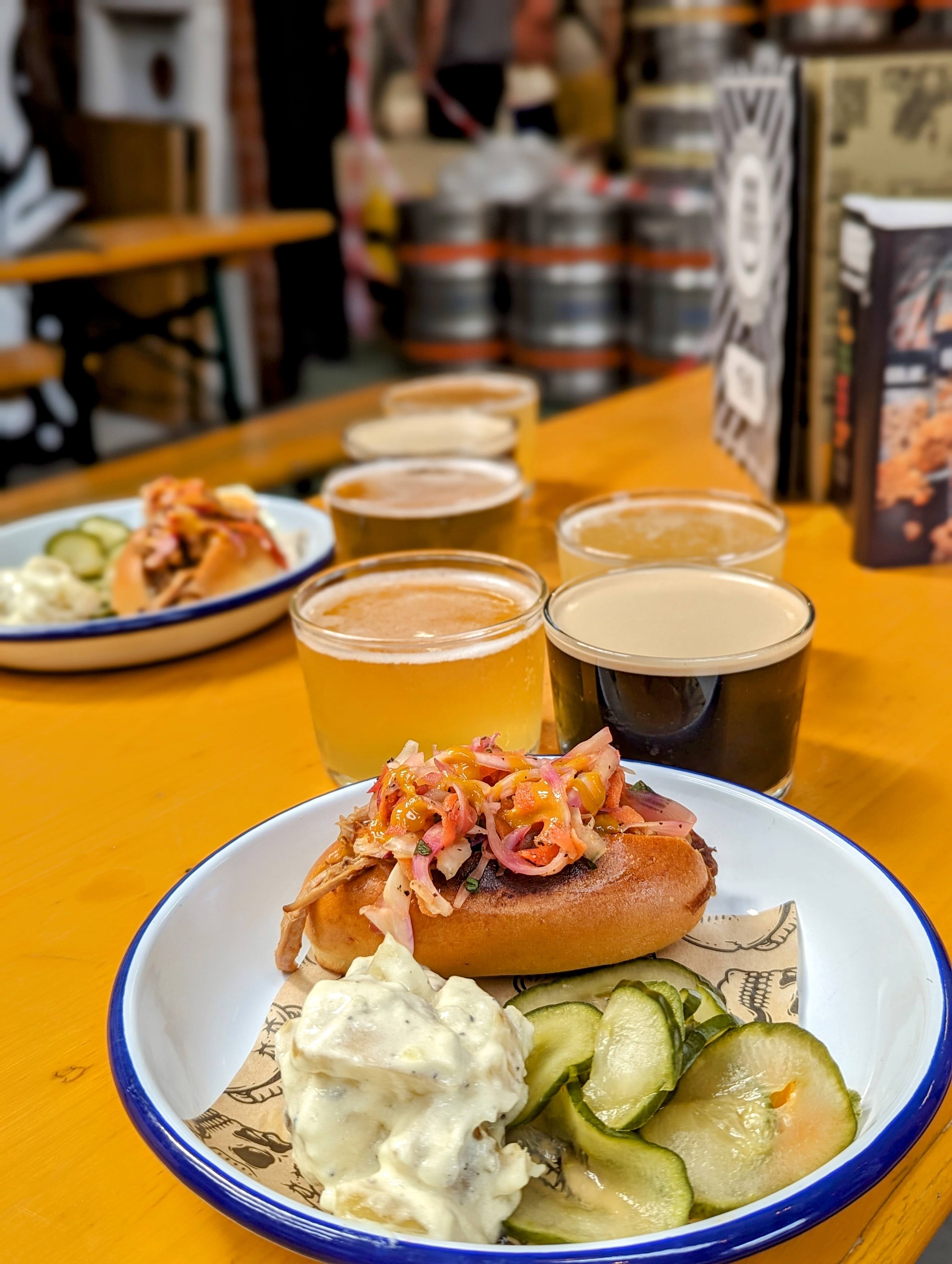 A table filled with food and drinks.