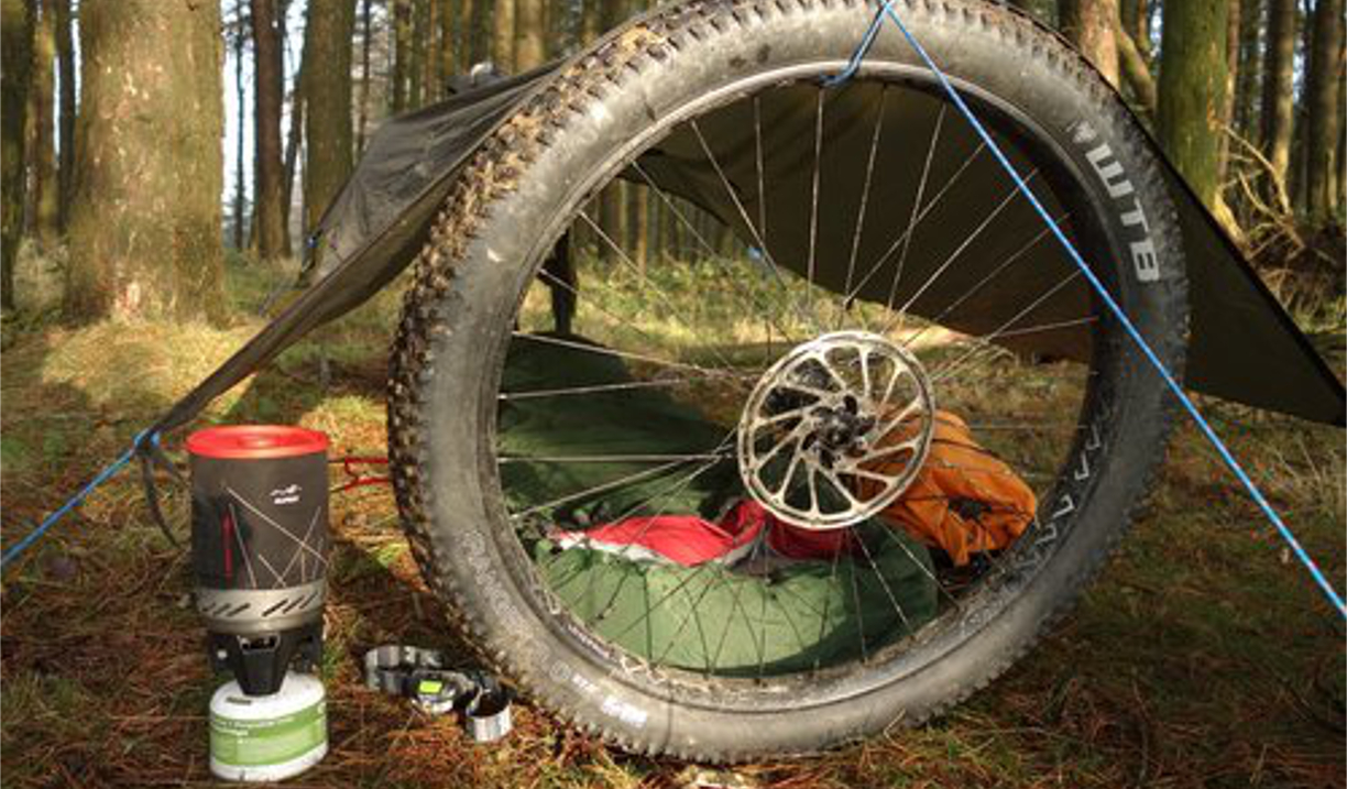 A tarpaulin and a bike wheel used to make a shelter in a wood.