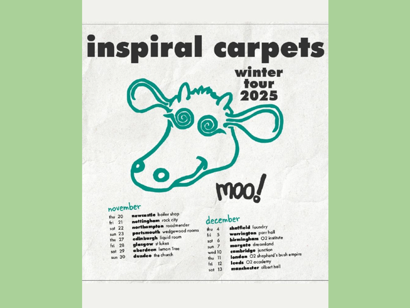 Tour poster for the Inspiral Carpets gig at the foundry, featuring their classic cow logo.