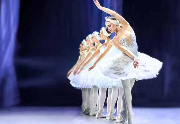 A row of ballerinas performing Swan Lake.