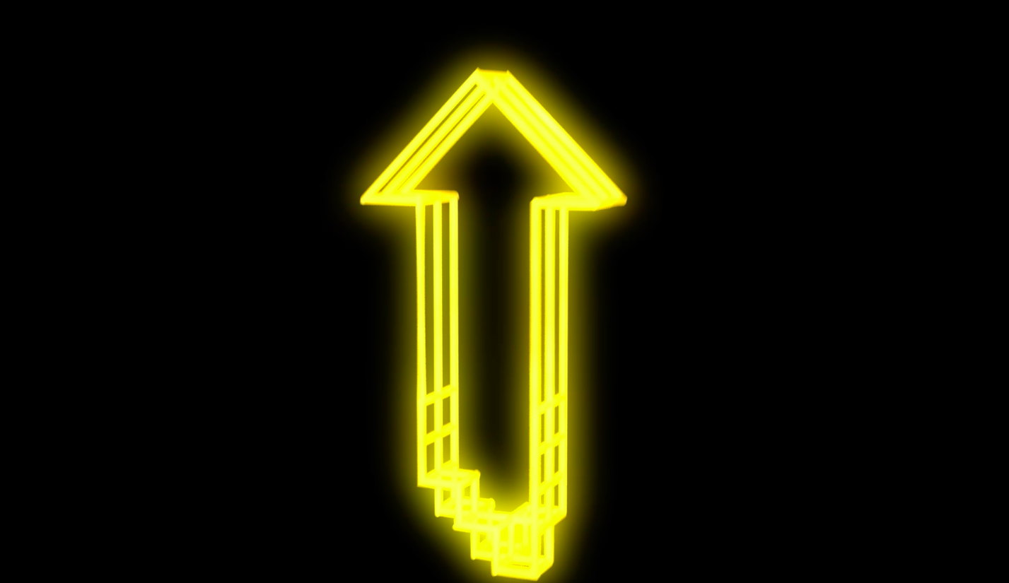 A digital image of an neon yellow Look Up arrow, on a black background, pointing up.
