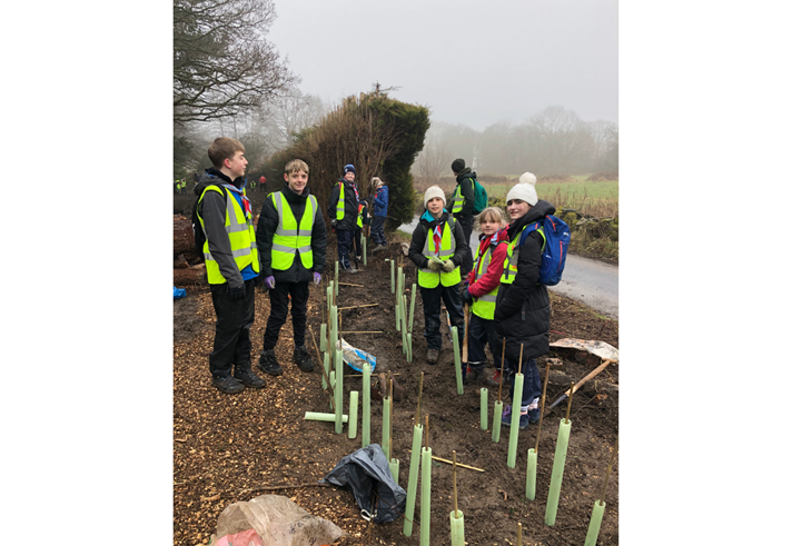 A group of volunteers are helping to plant a hedgerow.