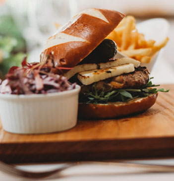 Burger and fries at the Rhubarb Shed Cafe.