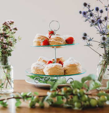 Afternoon tea at the Rhubarb Shed Cafe. On a table are a glass vase of wild flowers and a two-tier cake stand filled with cupcakes and pastries.