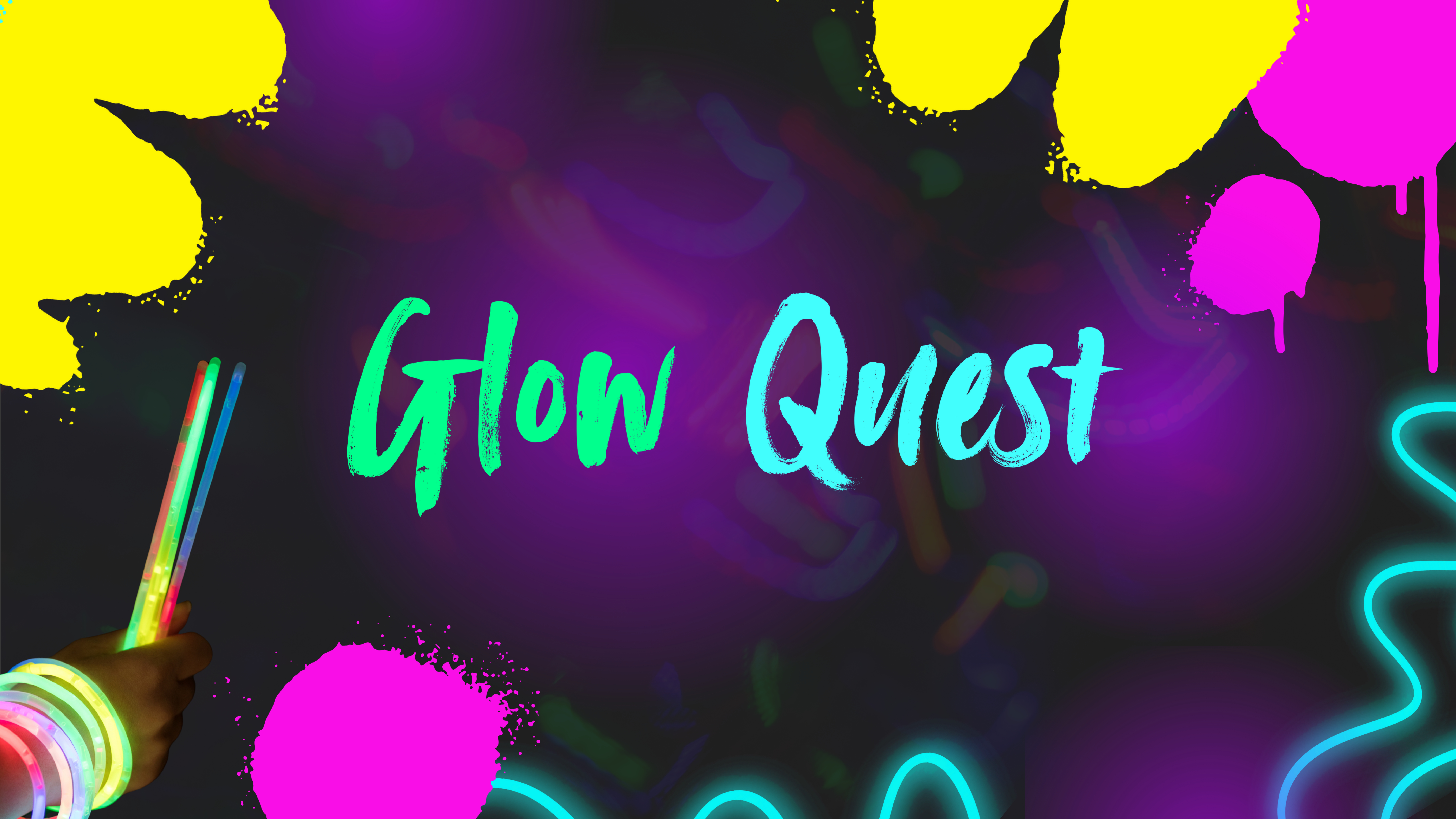 Colorful promotional graphic with the words “Glow Quest” in bright neon green and blue lettering centered on a dark background. Surrounding the text are vibrant splashes of yellow and pink paint, glowing neon light trails, and a hand holding multicoloured glow sticks on the left side.