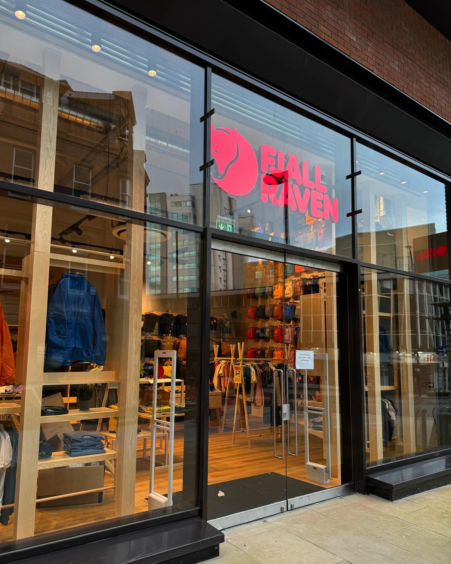 The entrance and window displays at the Fjallraven store in Sheffield.