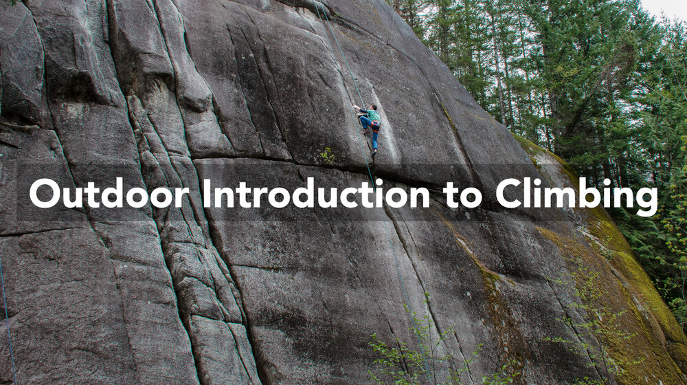 A person climbing a grit stone rock face. Over the image are the words 'Outdoor Introduction To Climbing'.