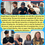 Promotional poster for the play "When you know nothing, you could say anything..." featuring images of cast members in expressive poses. A yellow text box describes the plot: Joseph Lang’s 33rd birthday party, hosted by his wife Ella, spirals into chaos involving an apathetic MP, his dramatic wife, and a vengeful ex-wife. As war rages in South America, the characters remain self-absorbed. Ticket prices are £6 for students and £8 general.   Two crests appear at the bottom corners.