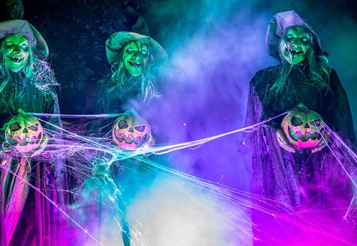 Three spooky figures, with spooky lighting, covered in cobwebs.