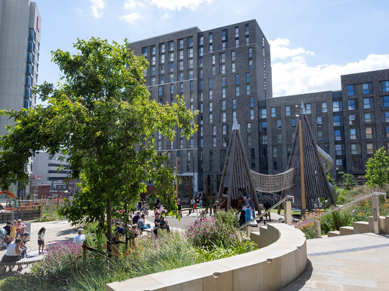 Pound's Park full of people playing and having fun on a sunny day.