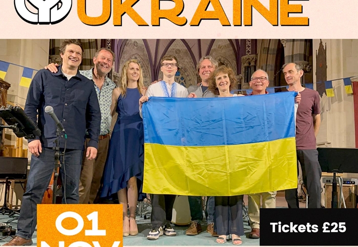 Poster for the events with a photo of a group of musicians, on a stage, holding a Ukrainian flag.