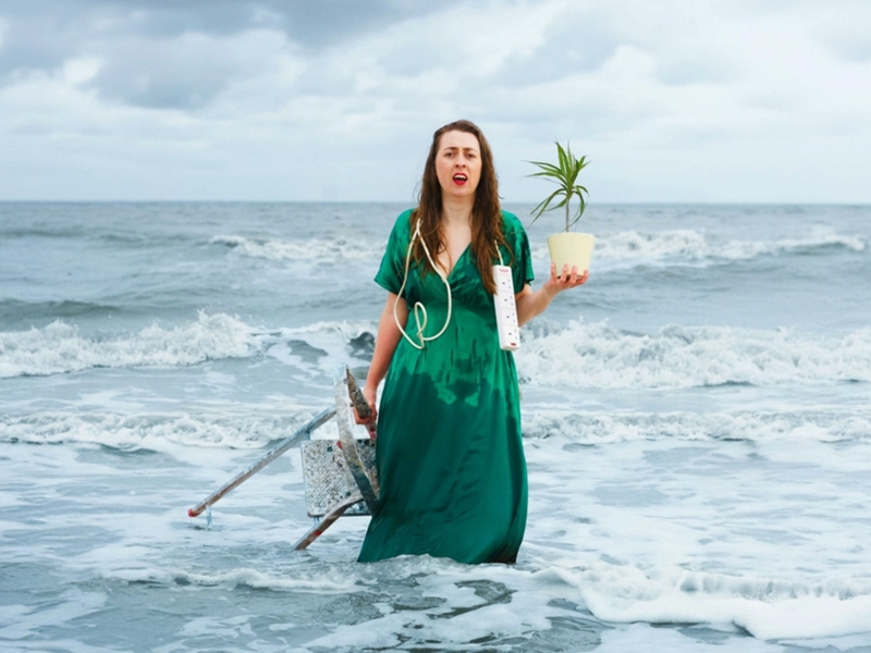 A woman, in a long green dress, is standing in the sea with waves rolling in towards her. In one hand she has a small stepladder, in the other a pot plant. Draped  around her shoulders is a power lead extension. She looks confused.